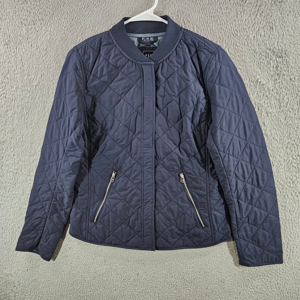 Gap Womens Navy Blue Diamond Quilted Bomber Jacket Snap Front Size M